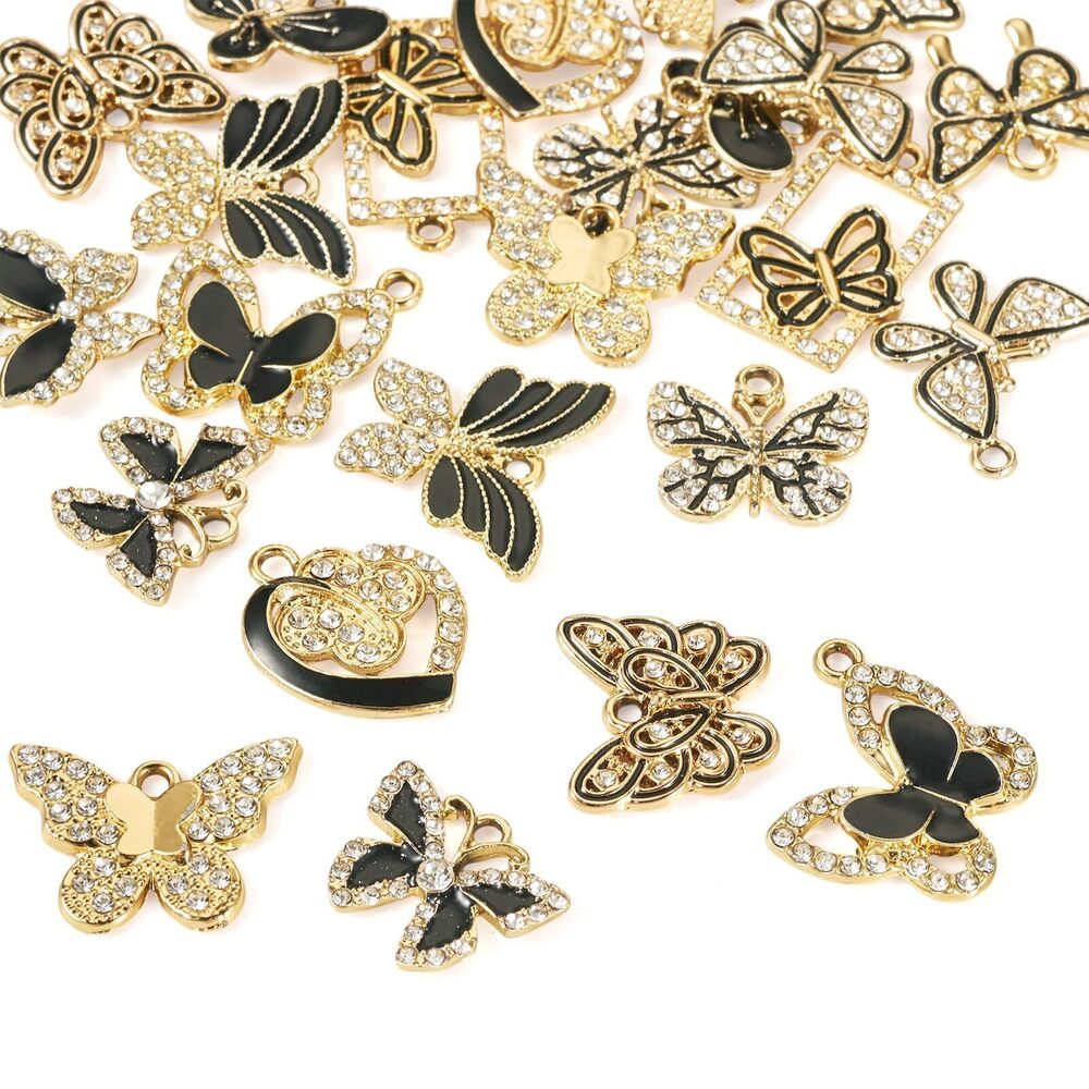 9431 24pcs Rhinestone Butterfly Necklace Pendants Crystal Golden Butterfly